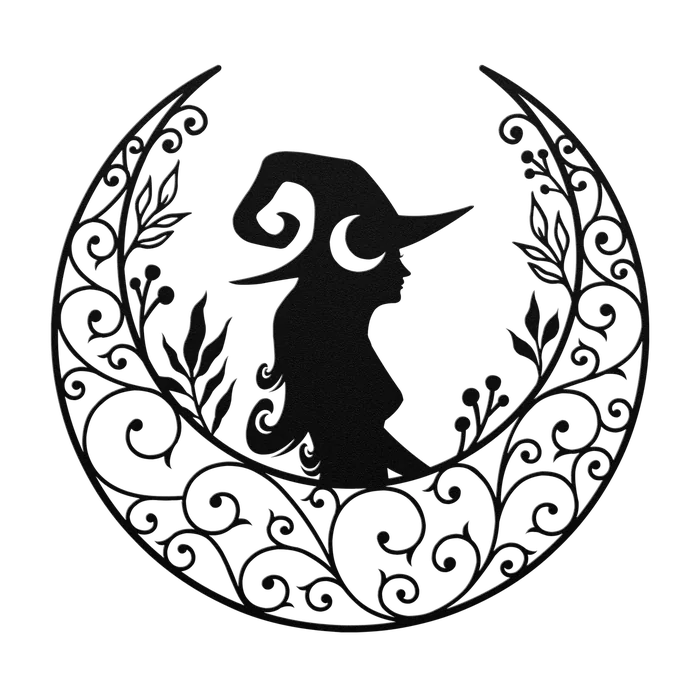 Halloween Crescent Moon Witch Standing Metal Sign