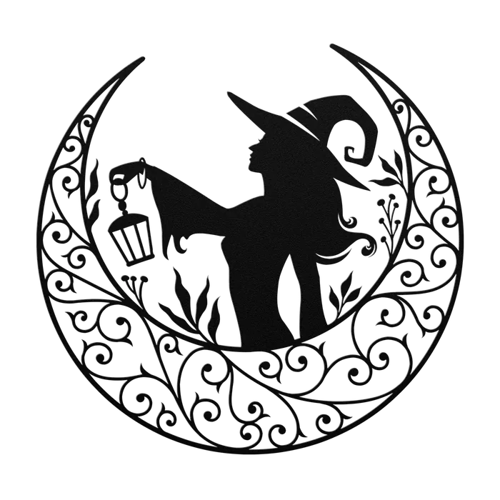 Halloween Crescent Witch with Lantern Metal Sign