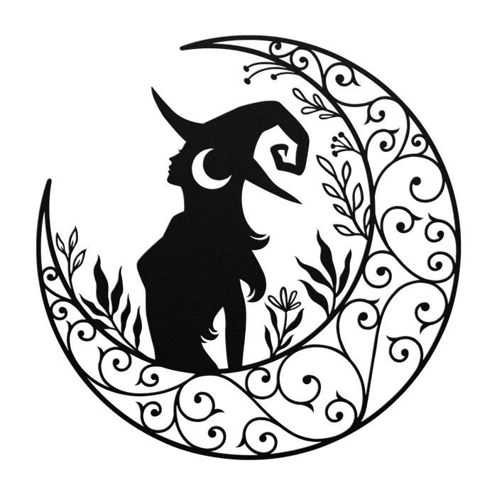 Halloween Crescent Witch with Plants Metal Sign