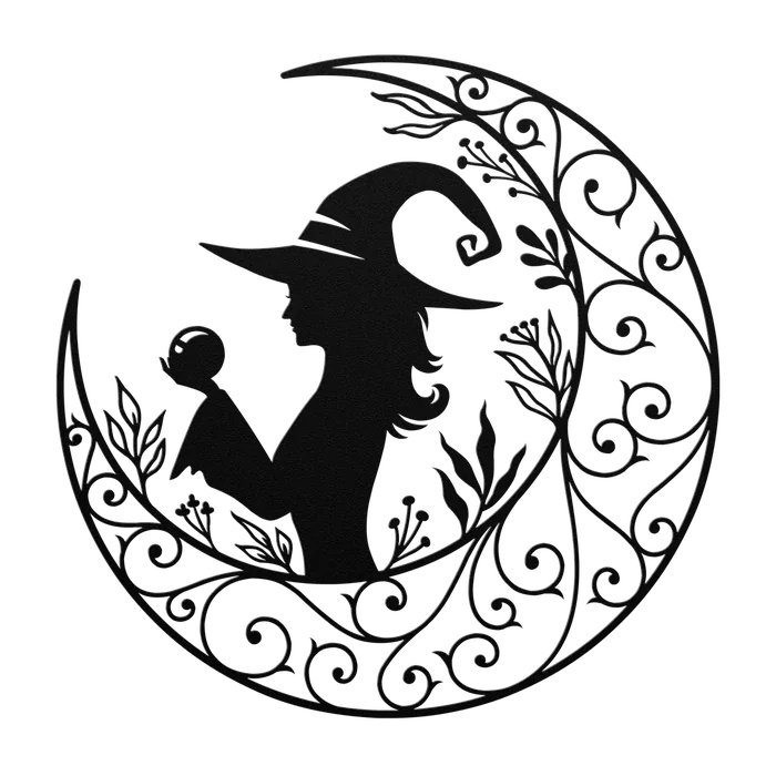 Halloween Crescent Witch with Potion Metal Sign