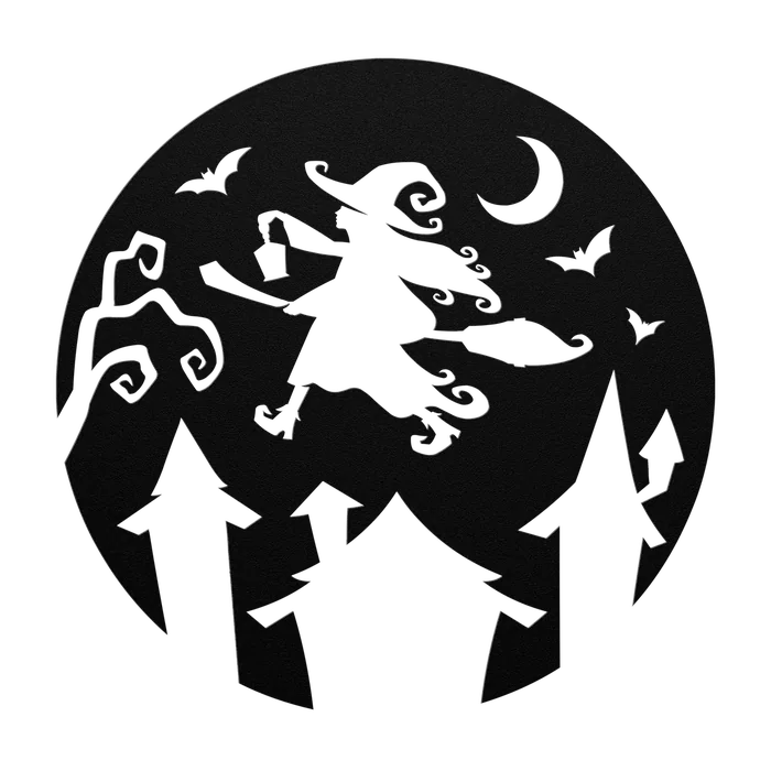 Halloween Flying Witch and Moon Metal Sign