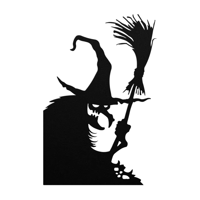 Halloween Hunched Witch with Broom Metal Sign