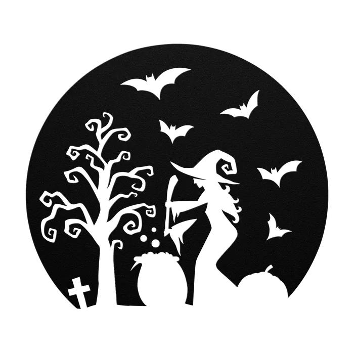 Halloween Witch and Cauldron Circle Metal Sign